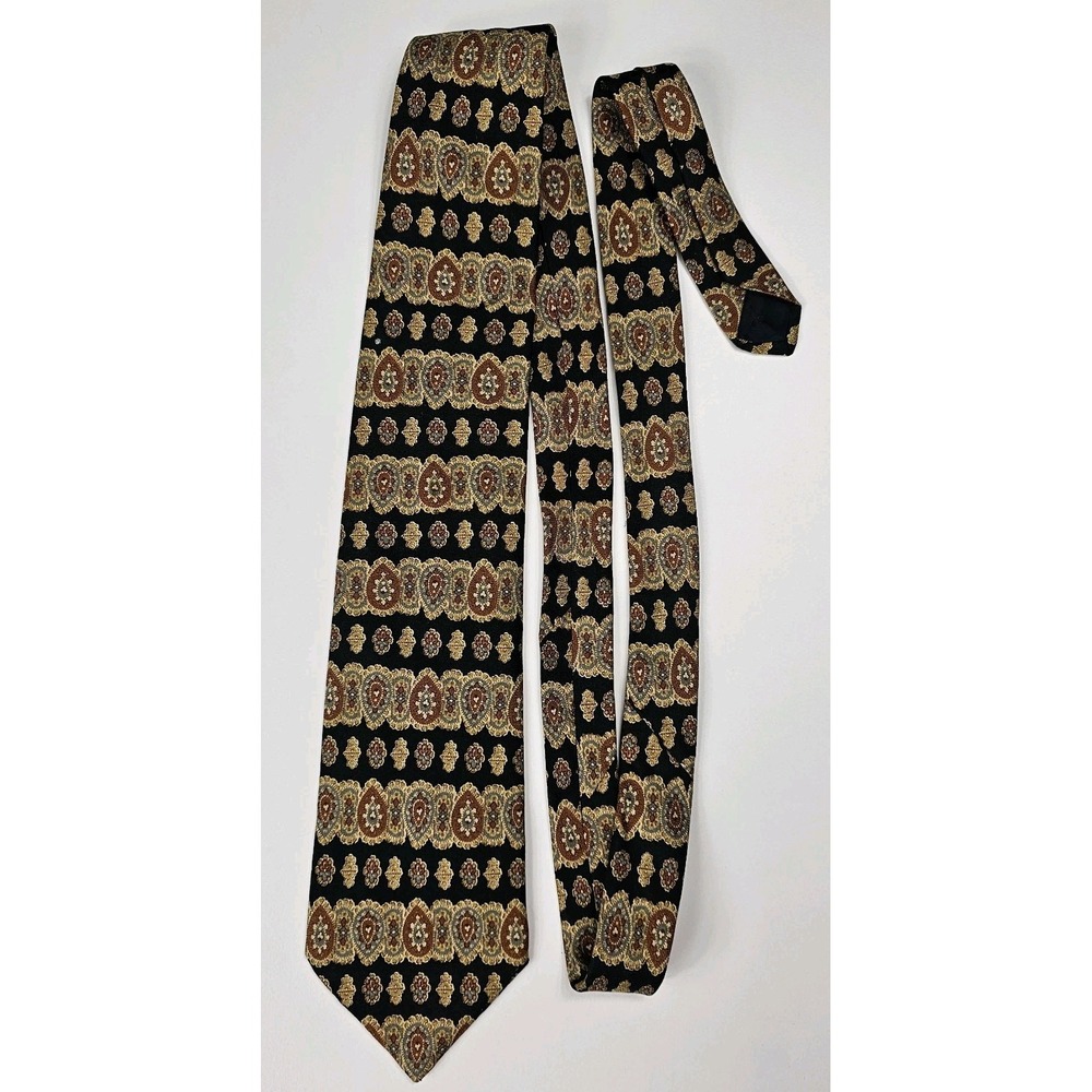 Brooks Brothers Makers Tie All‎ Silk Black Gold Tan Geometric Pattern USA - Picture 3 of 4